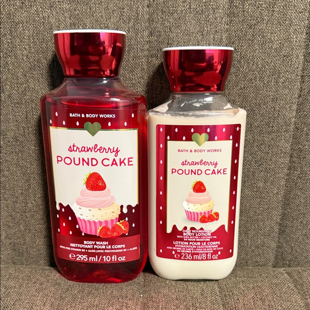 Bath & Body Works Strawberry Pound Cake Body Wash Set - Red and Cream